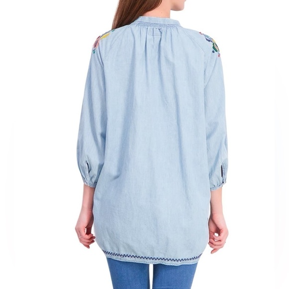 Lucky Brand chambray button down peasant shirt with floral embroidery - Picture 9 of 10